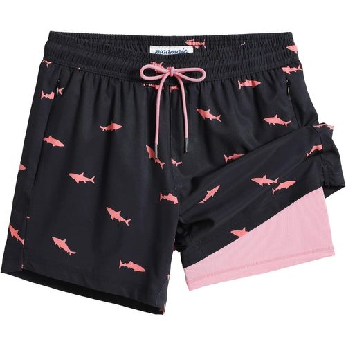 Men's Swimming Trunks With Compression 2 In 1 | 5.5 Inches Quick Dry Casual Swimming Shorts Boardshorts With Inner Pants And Pocket,Shark Pink Black,S,Black Pink Shark,S