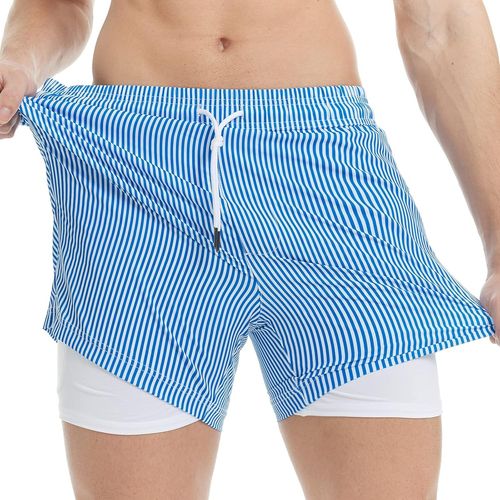 Men's Swimming Trunks With Compression 2 In 1 | 5.5 Inches Quick Dry Casual Swimming Shorts Boardshorts With Inner Pants And Pocket,Blue-White Stripes,M,Blue-White Stripes,M