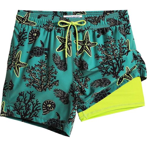 Men's Swimsuit With Compression Swim Shorts 2 In 1 | 5.5 Inches Quick Dry Casual Swimming Shorts Boardshorts With Inner Pants And Pocket,Coral Green,S,Coral Green,S