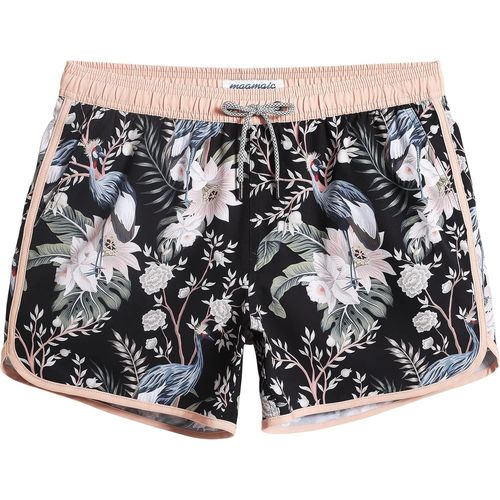 Men's Swimming Shorts Short 4 Way Stretch Vintage 80 90 Quick Dry For Beach Holidays,Yellow Flower And Crane 4.5,L