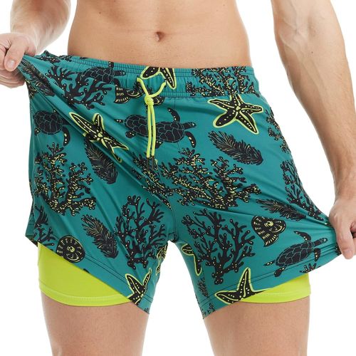 Men's Swimming Trunks With Compression 2 In 1 Swim Shorts | 5.5 Inches Quick Dry Casual Swimming Shorts Boardshorts With Inner Pants And Pocket,Coral Green,M,Coral Green,M