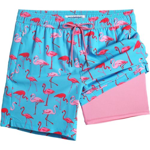 Men's 2 In 1 Quick Dry Swim Shorts With Lining | Quick Dry Casual Swimming Shorts Boardshorts With Inner Pants And Pocket,Pink Flamingo Blue 7,M