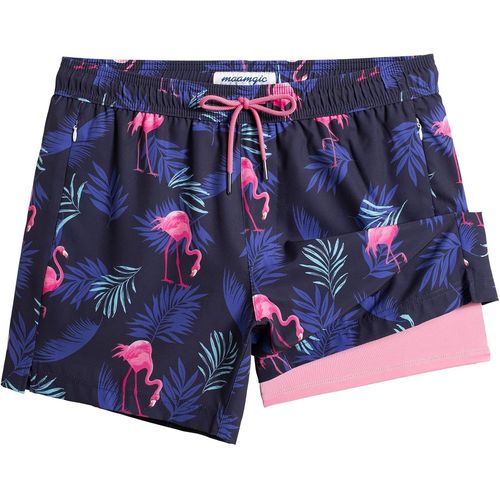 Men's Swimsuit With Compression Swim Shorts 2 In 1 | 5.5"" Quick Dry Casual Swimming Shorts Boardshorts,02 Navy Flamingo Palm Pink 5.5,S,02 Navy Flamingo Pink Palm Tree 5.5,S