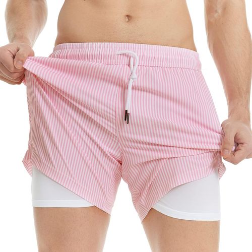 Men's Swimming Trunks With Compression 2 In 1 | 5.5 Inches Quick Dry Casual Swimming Shorts Boardshorts With Inner Pants And Pocket,Pink And White Stripes,M,Pink And White Stripes,M