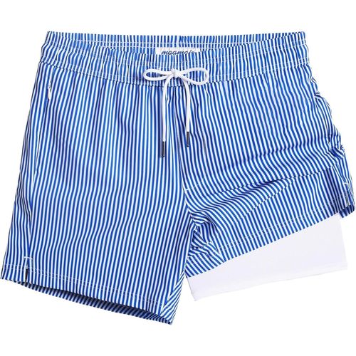 Men's Swimming Trunks With Compression 2 In 1 | 5.5 Inches Quick Dry Casual Swimming Shorts Boardshorts With Inner Pants And Pocket,Blue-White Stripes,L,Blue-White Stripes,L