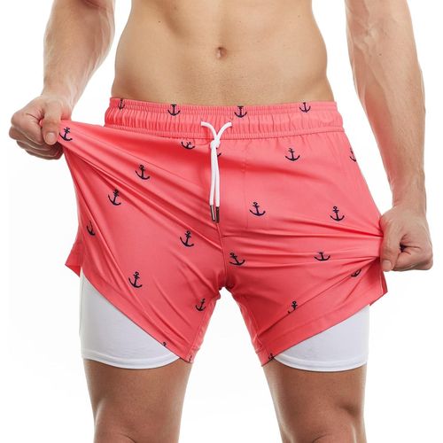 Men's Swimsuit With Compression Swim Shorts 2 In 1 | 5.5 Inches Quick Dry Casual Swimming Shorts Boardshorts With Inner Pants And Pocket,Encore Pink 5.5,M,Encore Pink 5.5,M