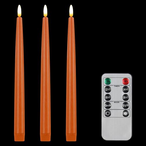 anwxai-Bougies Sans Flamme Avec Télécommande À 10 Touches,Bougies De Fenêtre À Mèche 3D Fonctionnant À L'Aide D'Une Pile,Cire Véritable,Décorées 2X28Cm,Paquet De 3,Orange
