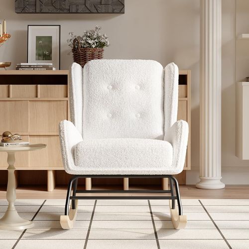 Anwxai-Fauteuil À Bascule Fauteuil Allaitement Rocking Chair Moderne En Tissu Effet Laine Teddy Avec Pieds En Bois Massif D'hévéa,Chaise À Bascule Pour Chambre,Salon-93x67x95cm,Crème
