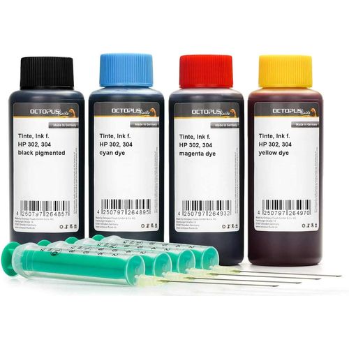 anwxai-4X 100Ml Encre D'Imprimante Compatible Pour Cartouches Hp 302,Hp 304 Noir,Cyan,Magenta,Jaune,Set Complet Avec Encre De Recharge,Seringues De Recharge Et Gants(Sans Oem)