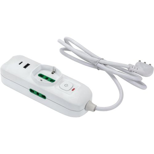 474124 Multiprise Triax 2 Prises Usb A Et C, 1 Prise Bipas-Shuko, 2 Prises Bipass, Cble 1,5 M, Fiche  quipe 10 A + Interrupteur De Scurit Blanc