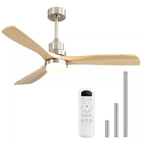 Ventilateur de Plafond avec Lumière, Sofucor, Télécommande, Pales en Bois Naturel, Ø132 cm, 6 Vitesses, Moteur DC 26W Silencieux