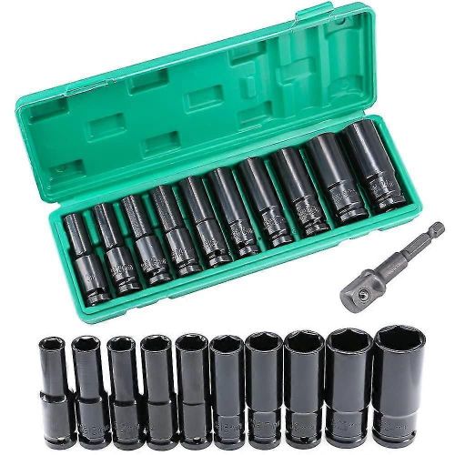 Coffret de 10 douilles à chocs profondes, douilles longues hexagonales de 10 à 24 mm avec boîte de rangement en plastique, jeu de douilles pour clé à chocs de 1/2 pouce