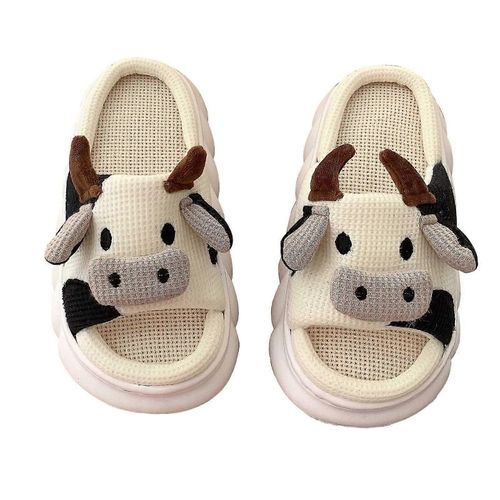 Chaussons Mignons En Coton Doux Pour Femmes, Motif Vache Laitière, Semelle Épaisse, Imprimé Vache Laitière, Pantoufles D'hiver En Lin, 38-39