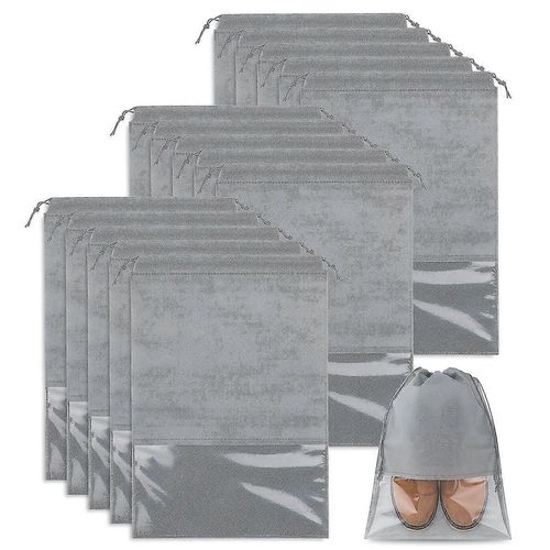 Lot de 15 grands sacs de rangement pour chaussures de voyage, non tissés, avec cordon de serrage et fente transparente, pour hommes et femmes (gris clair)