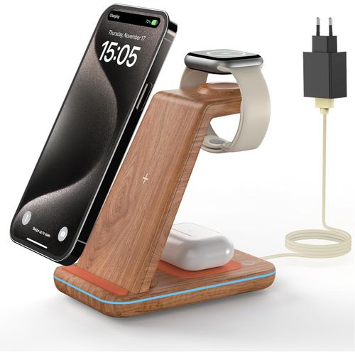 Station De Charge Pour Apple,Chargeur Induction 3 En 1 Pour Iphone 16/15/14/13/12/11/Pro Max,Support Chargeur Pour Apple Watch 10/9/8/7/6/5/4/3/2,Chargeur Sans Fil Pour Airpods 4 2-Bois