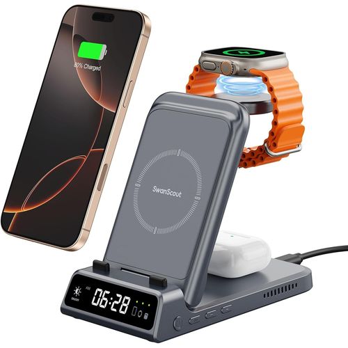 Chargeur Sans Fil Pour Iphone,703a,Station De Charge Pour Iphone 16e/16 Pro Max/16 Pro/15/14/13 Série,3-En-1 Pour Apple Watch Ultra 2/10/9/8/7/6/5/4/Air-Pods,Sans Adaptateur(Gris Tech)