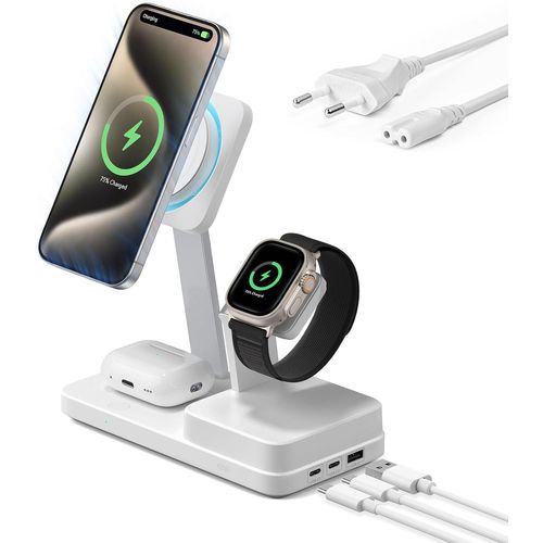 Set De Charge 6 En 1 Gan De 100 W Avec Cryoboost,Compatible Avec Chargeur Magsafe,Chargeur Magnétique Sans Fil Pour Iphone 16/15/14/13,Apple Watch,Airpods 4/3/Pro Et Appareils Usb-C/A,Blanc