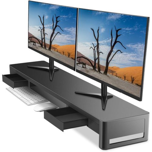 NAERYUT-Monitor Stand For Two Monitors With 2 Storage Drawers,Metal Computer Monitor Stand,Monitor Shelf With Extendable Drawer,Keyboard And Mouse Storage.