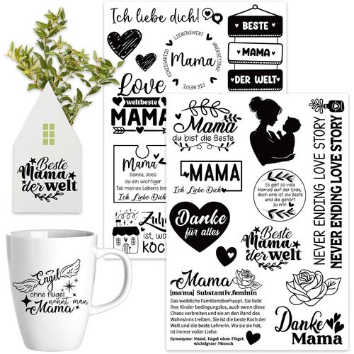 ERSHI-Rub On Lot de 2 feuilles d'autocollants pour la fête des mères avec inscription en allemand Beste Mama der Welt - Rub On - P[1