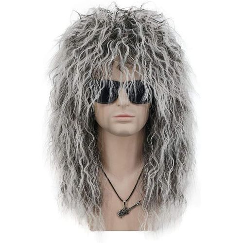 Ershi-Perruque Mulet Longue Grise Et Blanche Bouclée Pour Hommes Et Femmes Perruque Des Années 70 80 Rocker Punk Pour Carnaval Hal[7