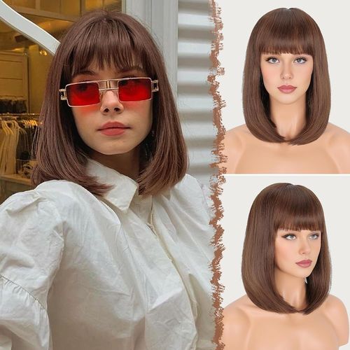 Ershi-Auburn Courte Perruque Avec Frange Lisse Perruques Naturelle Synthétique Longue Perruques Pour Femmes 35cm[700]
