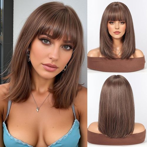 Ershi-Wokestar Staright Perruque Avec Frange Perruques Mi-Longues Synthétiques Pour Femmes Couleur Marron Clair[728]