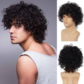 Ershi-Hommes Bouclé Perruque Noir Bouclé Court Rock Party Perruque Halloween Costume Cosplay Perruque[1018]