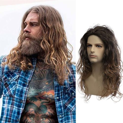 Ershi-Hommes Perruque Cheveux Longs Rouleaux Vague Brun Perruque Synthétique Halloween Costume Party Perruque[943]