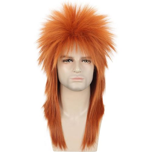 Ershi-Karlery Homme Longue Ligne Droite Orange 80s Heavy Metal Rocker Perruque Années 80 Perruque De Fête Sur Le Thème[1333]