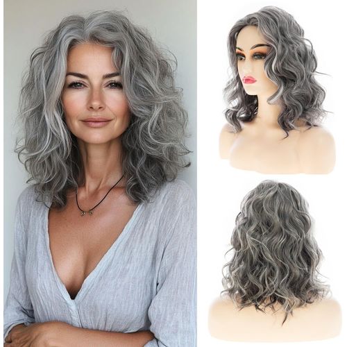 Ershi-Perruque Longue Ondulée Grise Pour Femme Middle Part Synthétique Halloween Cosplay Costume[1072]