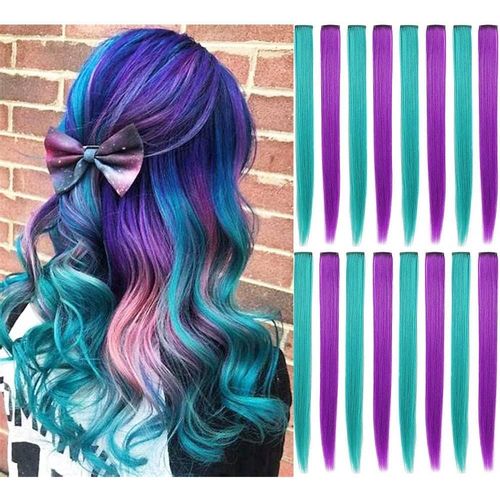 Ershi-Extensions De Cheveux Raides De Couleur Arc-En-Ciel Clip En Clip Synthétique Multicolore De Dans Les Faits Saillants Clip Sy[1 