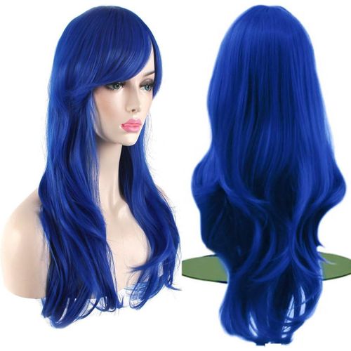 Ershi-Colorful Panda 28 Pouces 70 Cm Bleu Royal Longs Bouclées Ondulées Cosplay Perruques Pour Femmes Et Filles, Perruque De Cheve[3