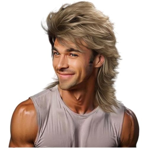 Ershi-Perruque Blonde Vokuhila Années 80 Et 70 - Pour Fête Disco - Pour Homme - Style Hippie - Rocking - Années 80 - Pour Fête À T[1