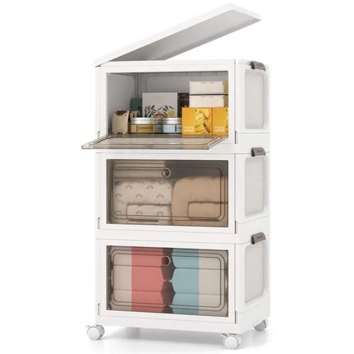 COSTWAY Boîte Rangement 105L avec Roues, Porte, Couvercle, 3 Caisses de Rangement Pliables, pour Chambre, Salon
