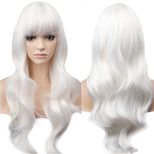 Ershi-28"" 70 Cm Blanc Cosplay Bouclé Perruque Avec Frange Latérale Femme, Longue Ondulée Synthétique Cheveux Cosplay Wig Anime Par[7