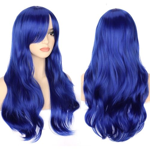 Ershi-28"" 70 Cm Bleu Cosplay Bouclé Perruque Femme, Longue Ondulée Synthétique Cheveux Cosplay Wig Anime Parti Halloween Perruques[7