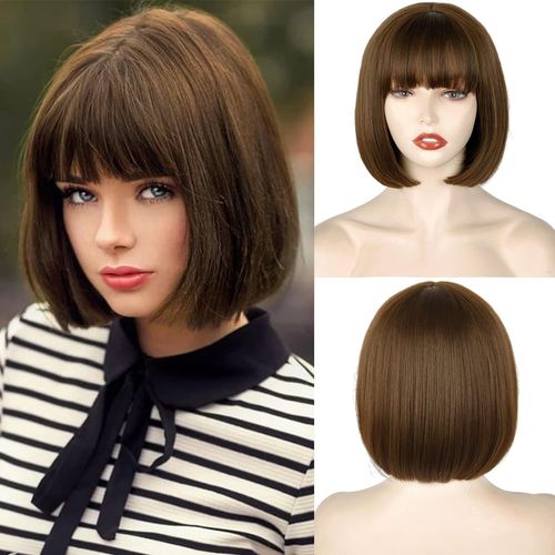 Ershi-Perruque Courte Marron Pour Femme, Perruque Courte Marron Avec Frange, Cheveux Synthétique Pour Femme, Marron, 25 Cm, Pour C[8