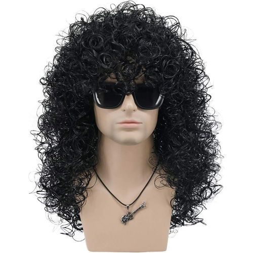 Ershi-Perruque Longue Noire Bouclée Pour Les Hommes Perruque Slash Des Années 70 80 Rocker Pour Carnaval Halloween Cosplay Déguise[1