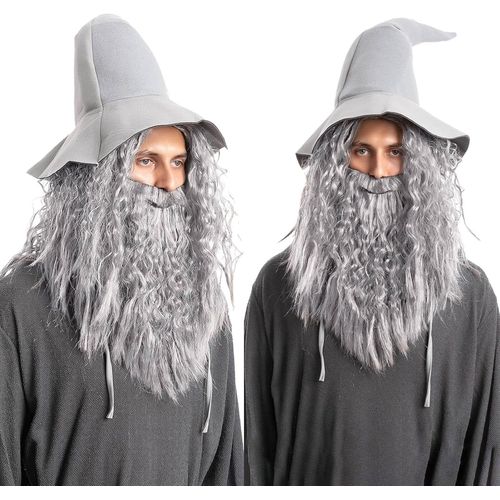 Ershi-Mens Wigs Long Curly Grey Wig And Beard Cosplay Halloween Character Fake Wizard Wig Costume Fancy Dress Christmas Party (Gre[2