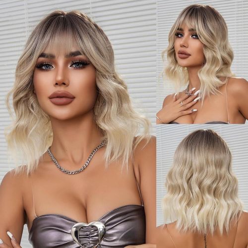 Ershi-Bob Perruque Ondulée Blonde Ombrées Avec Frange Perruque Bouclée Ondulée Synthétique Cosplay Perruques Pour Les Femmes[14]