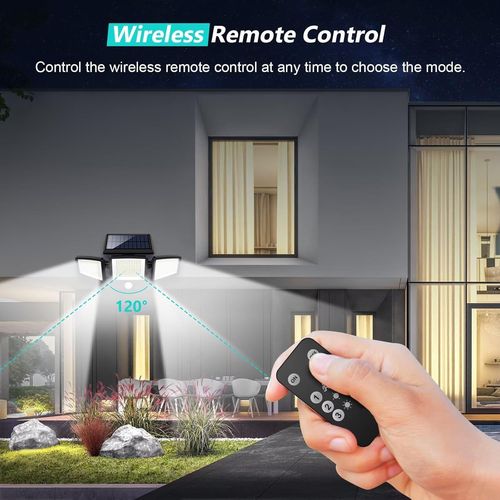 Solar Outdoor Lights 2500lm 210 Led Security Lights With Remote Control,3 Heads Motion Sensor Lights, Ip65 Waterproof,270° Wide Angle Flood Wall Lights With 3 Modes (1 Pack)