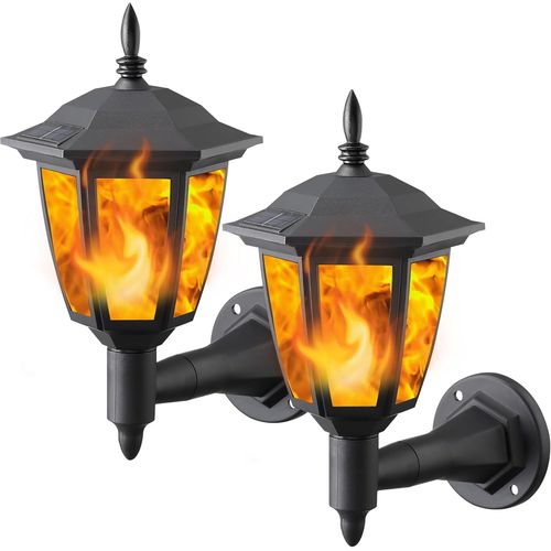 2 Pack Solar Flame Wall Lanterns Outdoor, Solar Powered Wall Mounted Sconce Lights, Flickering Flame Led Lights Auto On/Off Wall Hanging Lights, Waterproof For Garage Stair Patio Porch Yard