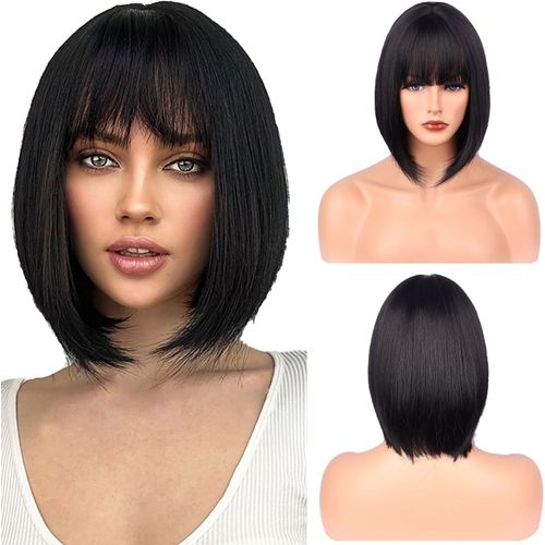 Meimieshop-Perruque Noire Courte Pour Femme-Synthétique Naturelle,Carrée Aumilieu Pour Déguisements Quotidiens Et Fêtes 