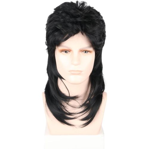 Meimieshop-Vokuhila Perruque Pour Homme Et Homme-Tenue Des Années 70 Et 80-Enmousseline Noire-Pour Rocker Punk,Popstar,Discothèque,Carnaval,Halloween,Fête À Thème,Cosplay