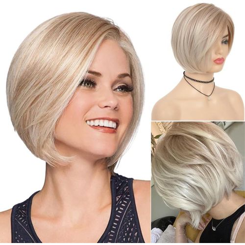 Meimieshop-Blanc Femmes Court Blond Bob Perruque,Naturel Droite Résistant À La Chaleur Cosplay Perruque,Blond