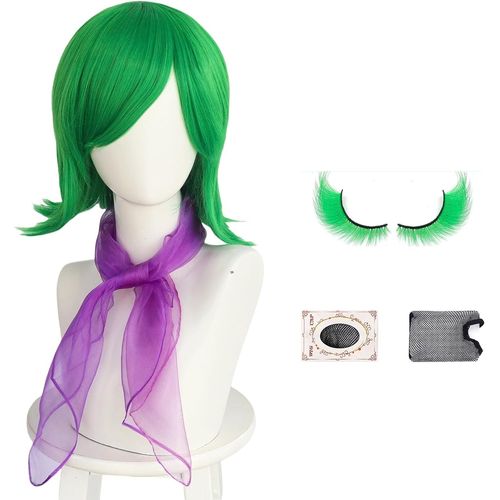 Meimieshop-Vert Court Lâche Perruque Pour Déguisement Femme Green Perruque Avec Faux Cils Foulard Perruque Bonnet Pour Halloween Carnaval Noël Cosplay Anniversairemardi Gras Fête À Thème 
