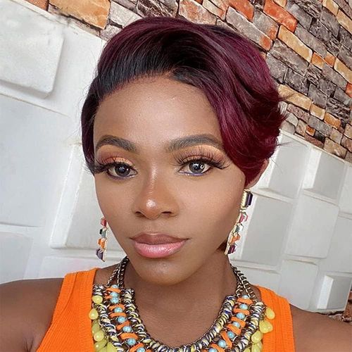 Meimieshop-Perruques Femme Naturelle Cheveux Noire Et Rouge Courte Bob Lace Frontal Wig Avec Frange 6 Pouces 150% Densité 6 Inches