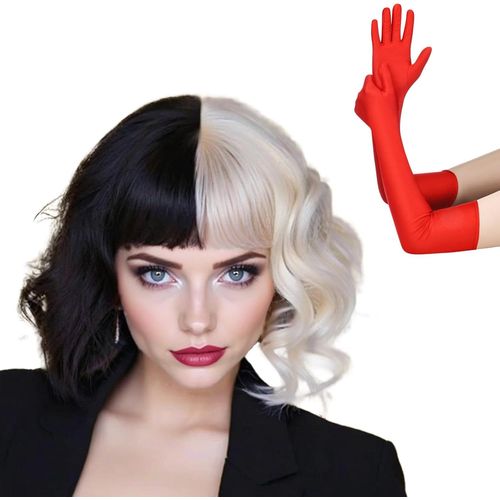 Meimieshop-Perruques Noires Et Blanches,Perruques Bouclées Courtes De Bob Ondulées Avec Gants Rouges Longs Des Années 1920,Femmes Fantaisie Perruques Pour Cosplay,Halloween,Noël,Fête,Carnaval 