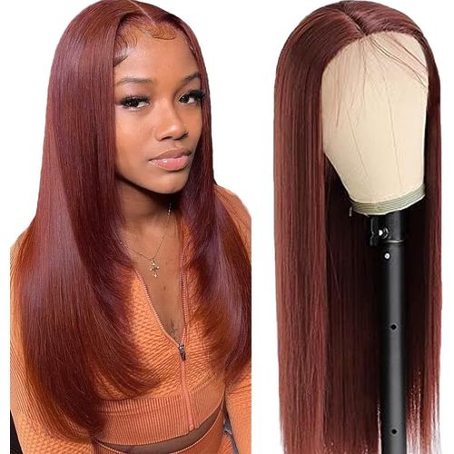 Meimieshop-Straight Human Hair Wig 5x5 Lace Frontal Wigs Human Hair Wigs 100% Unprocessed Brazilian Remy Hair #33 Reddish Brown Perruque Demari Pre Plucked Baby Hair For Women 12 Inch 