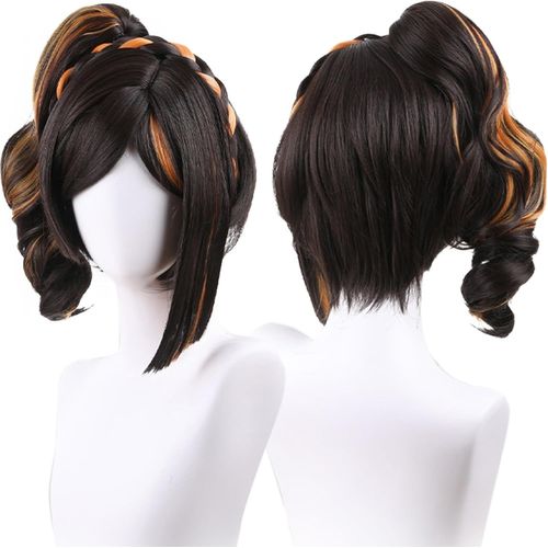 Meimieshop-Perruque De Cosplay À Queue De Cochon,Cheveux Longs Ondulés Bruns Avec Frange,Cheveux De Déguisement Pour Femmes,Perruques Pour Halloween 